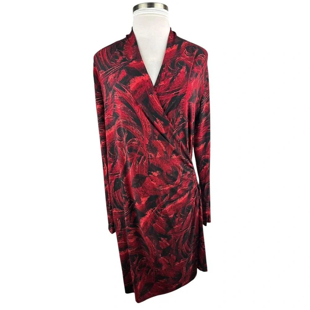 Norma Kamali Faux Wrap Dress Red & Black Feather Print Size XXL 2XL Office Chic - Picture 4 of 16